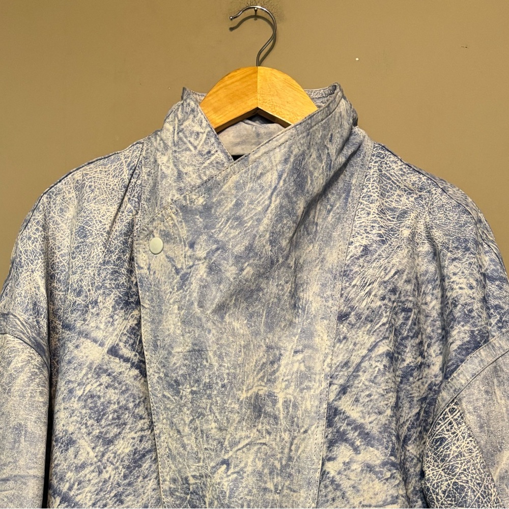 GENUINE LEATHER Vintage 80’s Acid Wash Denim Blue Moto Bomber Jacket Mexico Made - Picture 12 of 12